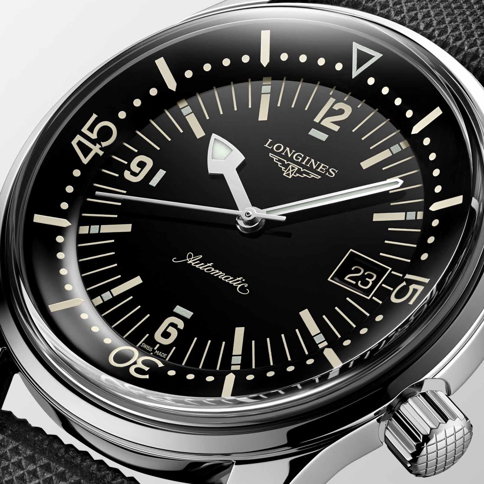Longines Longines Legend Diver Watch L3.774.4.50.0 , legend diver watch швейцария мужские часы на браслете кожаный боковой вид